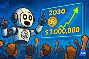 Le robot ChatGPT prédit le prix du Bitcoin à 1 000 000 $ en 2030 face à une foule et en montrant le graphique du BTC qui s'envole