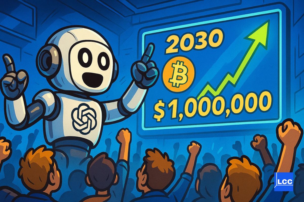 Le robot ChatGPT prédit le prix du Bitcoin à 1 000 000 $ en 2030 face à une foule et en montrant le graphique du BTC qui s'envole