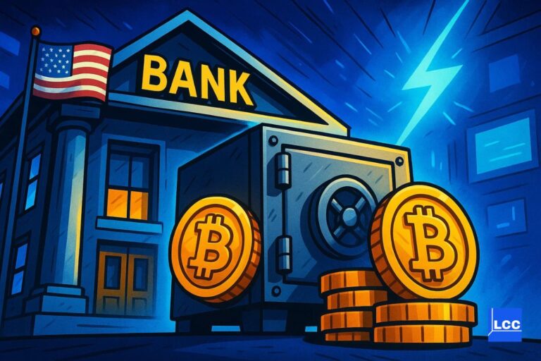 Une banque avec un drapeau américain et des bitcoins devant et un coffre fort