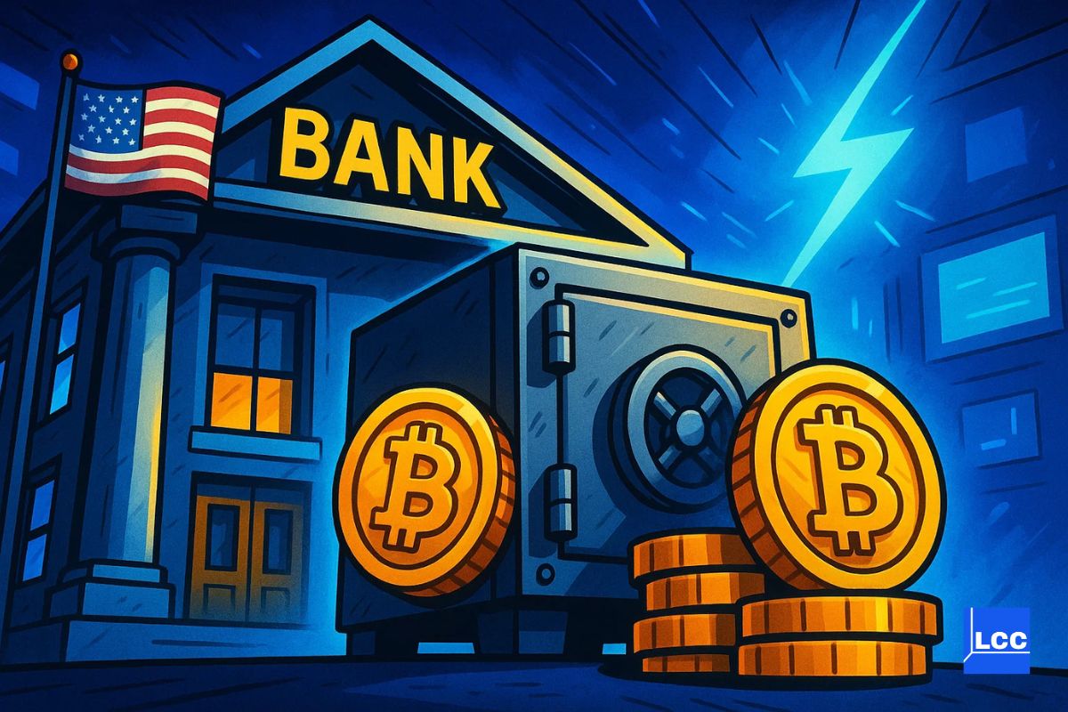 Une banque avec un drapeau américain et des bitcoins devant et un coffre fort