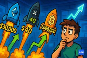 Bitcoin, Ethereal et XRP qui s'envolent vers un x10 et une personne qui hésite entre les trois cryptos
