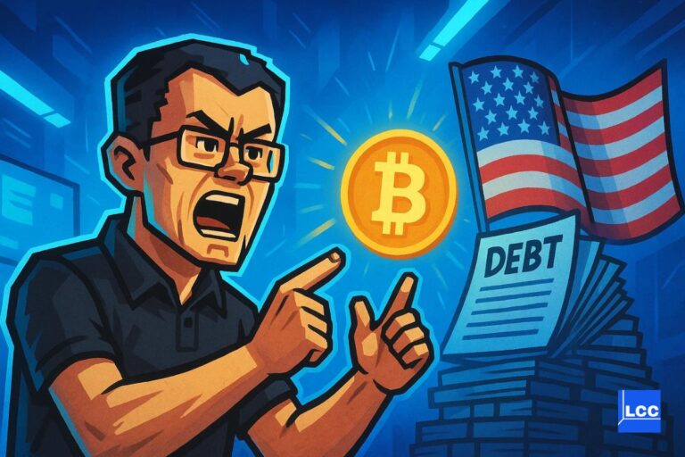 CZ qui pointe le Bitcoin à côté d'un drapeau américain et de la dette américaine