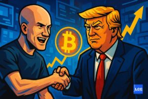 CEO de Coinbase et Trump qui se serrent la main pour le genius act avec le Bitcoin qui s'envole derrière