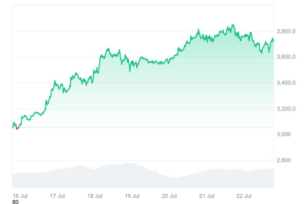 Cours de l'Ethereum qui croit vers 3800 $