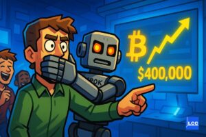 Grok sous forme de Robot qui cache la bouche de quelqu'un qui pointe du doigt le cours du Bitcoin qui s'envole vers 400 000 $ avec des gens qui rigolent derrière