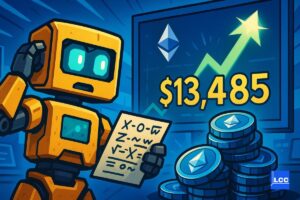 Un robot jaune qui fait des calcul et qui prédit le cours de la crypto Ethereum à 13485 $