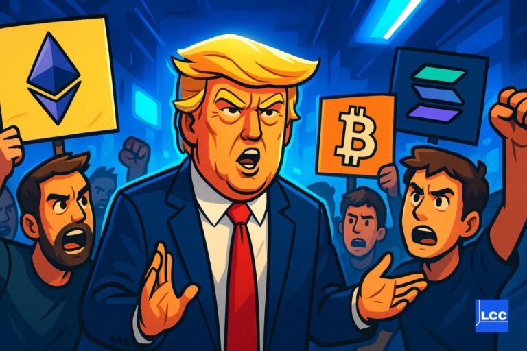 Trump qui explique des choses à des manifestants avec des panneaux Ethereum, Bitcoin et Solana