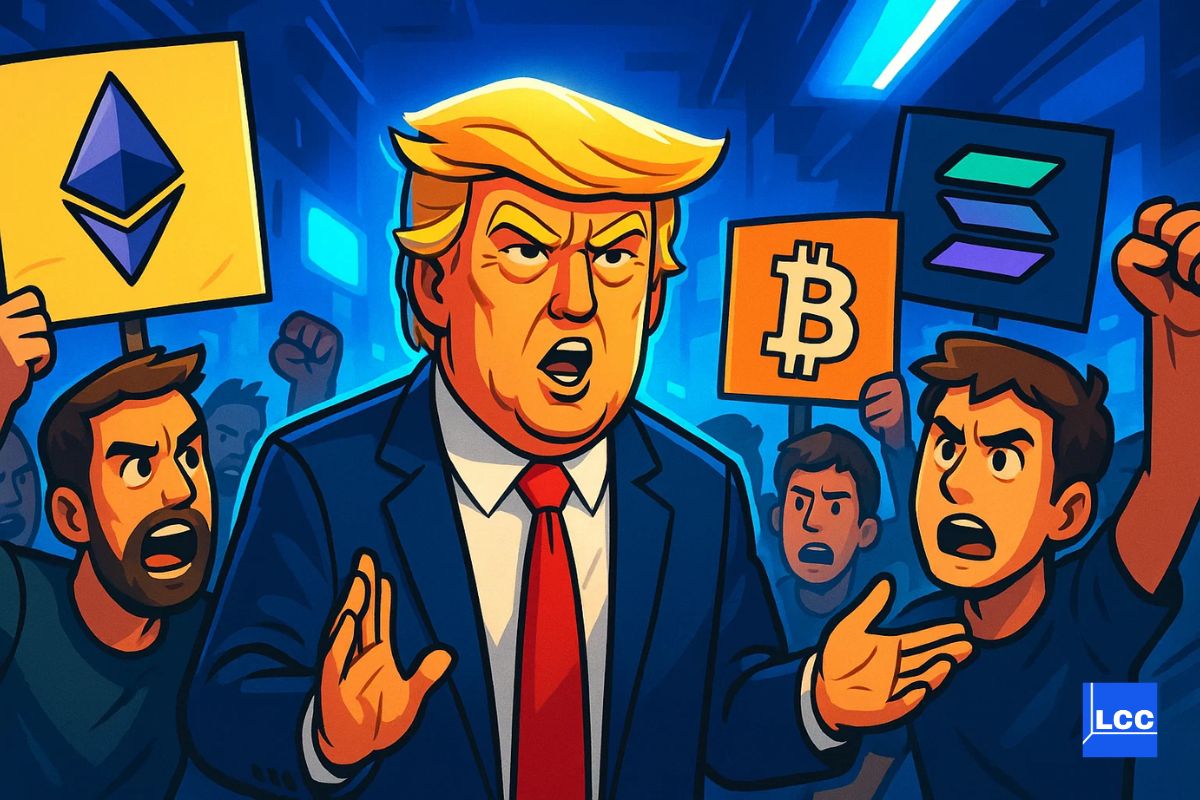 Trump qui explique des choses à des manifestants avec des panneaux Ethereum, Bitcoin et Solana