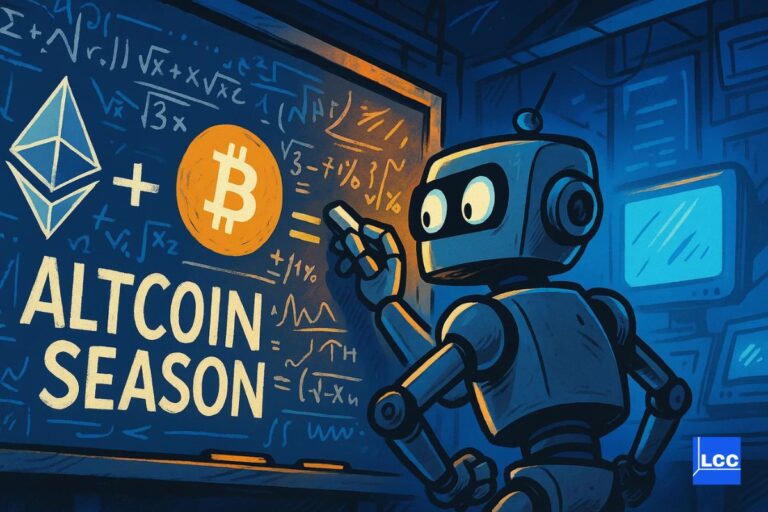 Un robot qui fait des calculs sur un tableau avec une équation d'addition entre le Bitcoin et l'Ethereum et il y a écrit en dessous Altcoin Season