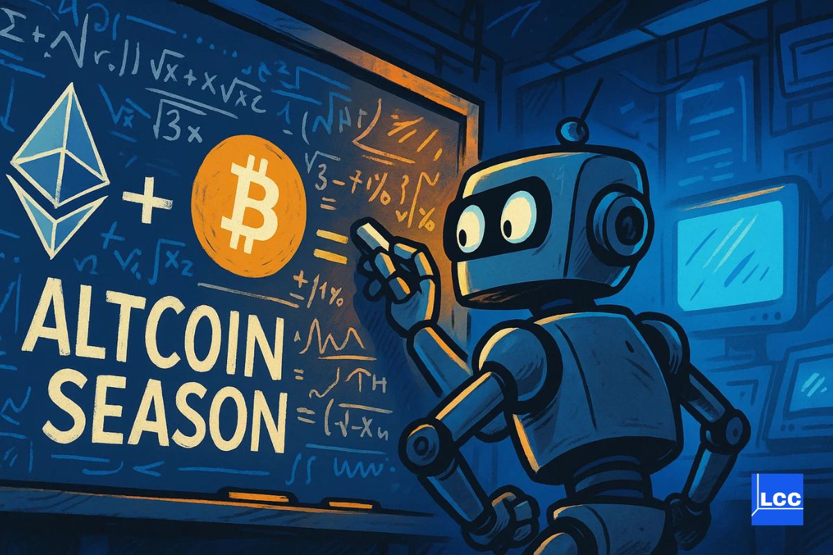 Un robot qui fait des calculs sur un tableau avec une équation d'addition entre le Bitcoin et l'Ethereum et il y a écrit en dessous Altcoin Season