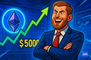 Eric Trump qui croise les bras fier avec le cours de l'Ethereum qui s'envole derrière vers 5 000 $