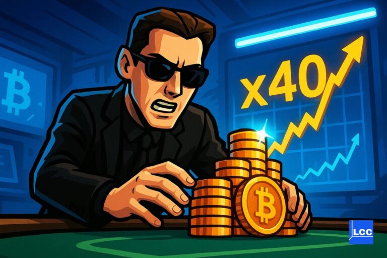 James Wynn face à une pile de Bitcoin avec un graphique du Bitcoin en x40 derrière