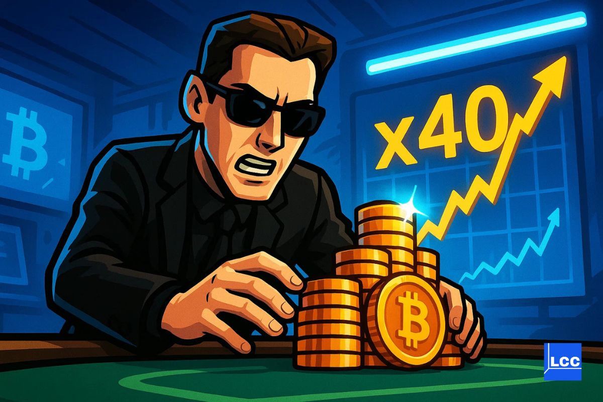 James Wynn face à une pile de Bitcoin avec un graphique du Bitcoin en x40 derrière