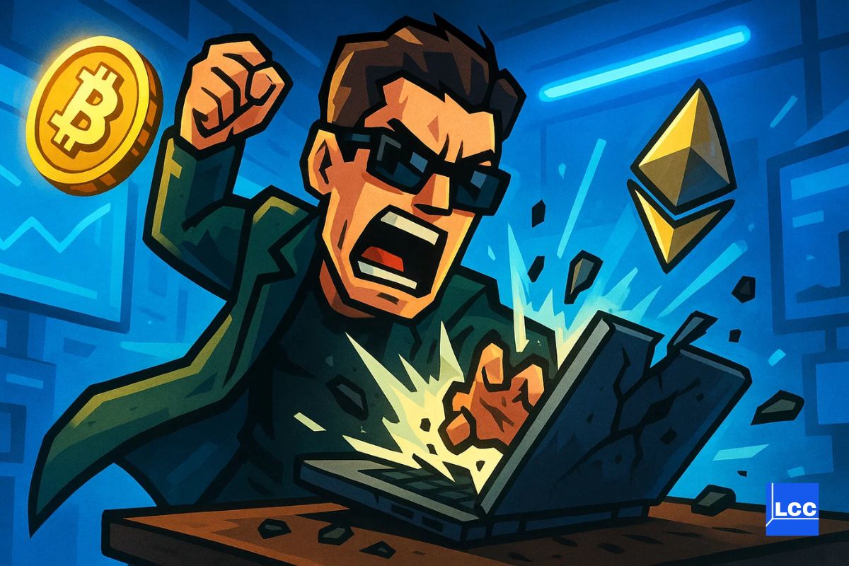 James Wynn (Neo de matrix) qui s'énerve est casse son ordinateur avec les cryptos Ethereum et Bitcoin qui volent à côté
