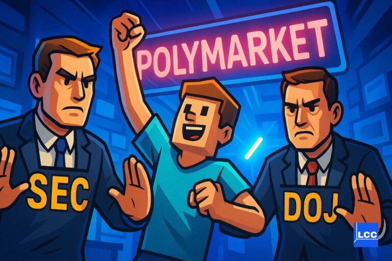 polymarket avec deux personnes représentant DOJ et SEC