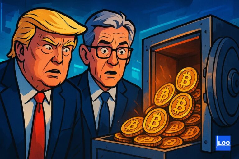 Donald Trump et Jerome Powell qui sont face à un coffre fort qui est ouvert et qui déborde de Bitcoin