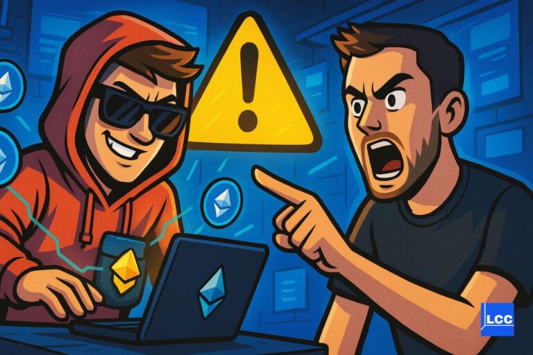 Un monsieur qui dénonce un hacker avec un panneau attention au-dessus
